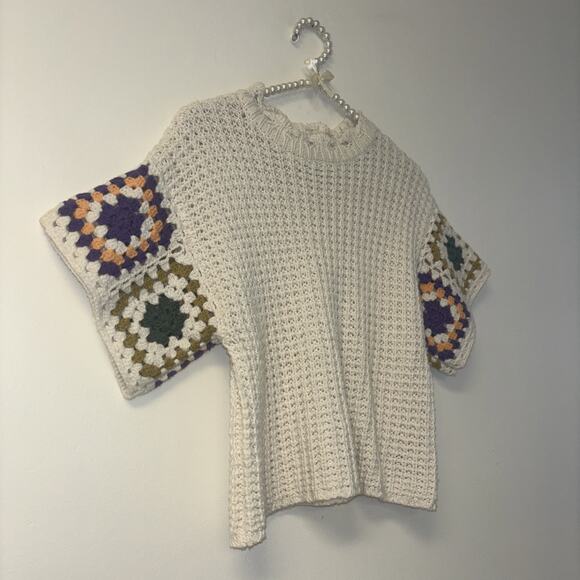 Crochet Multicolor Granny Square Sz Xs Sweater Flutter Short Sleeve Afghan Funky - Picture 2 of 7